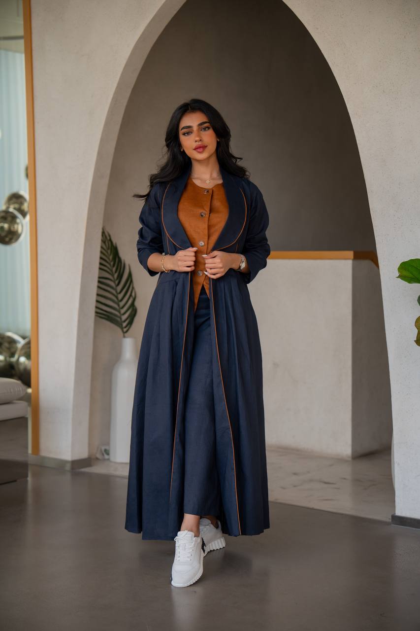 Navy blue linen abaya with inner set C:6633 Blue