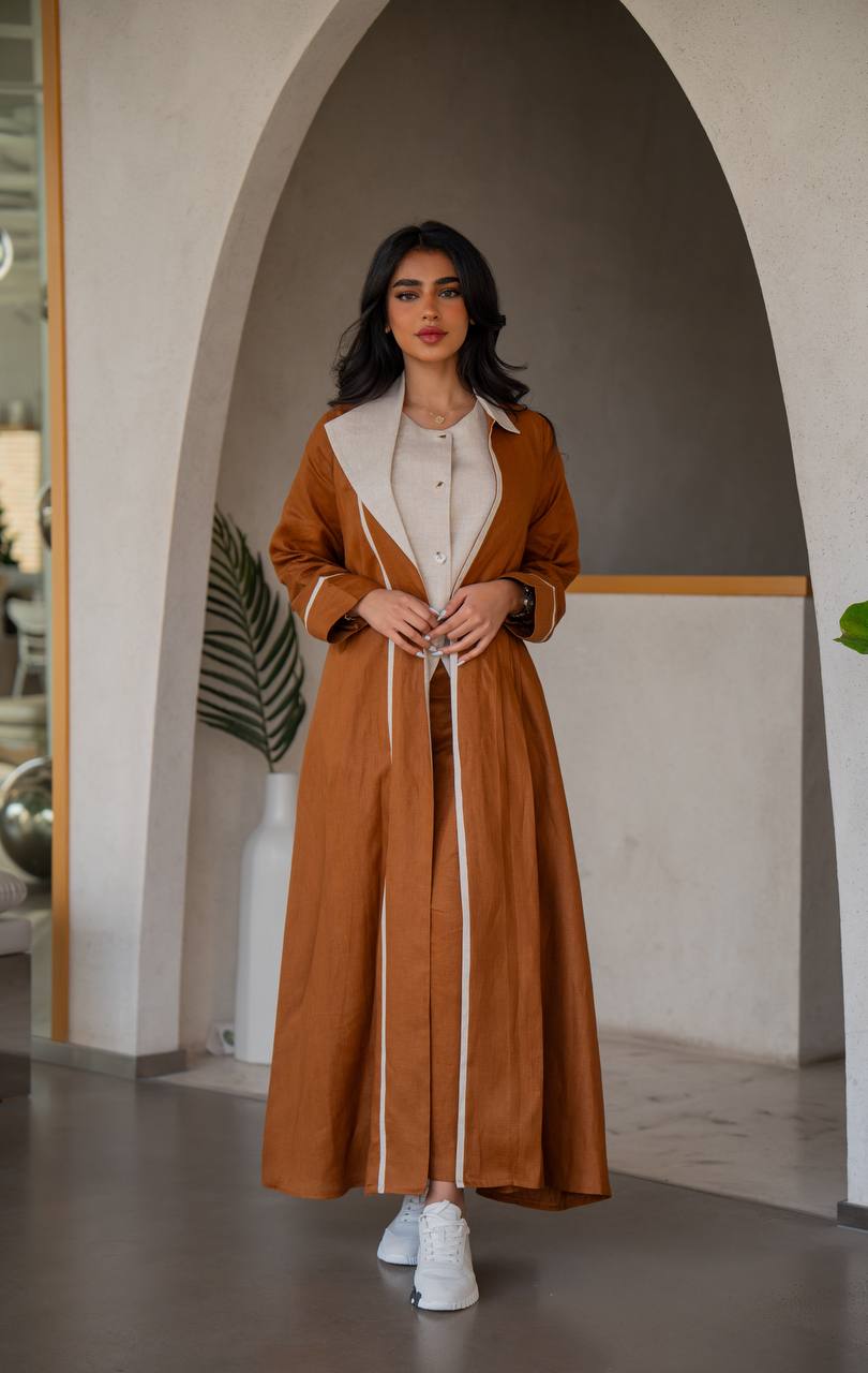 Abaya with inner set made of linen in camel and beige C:6636