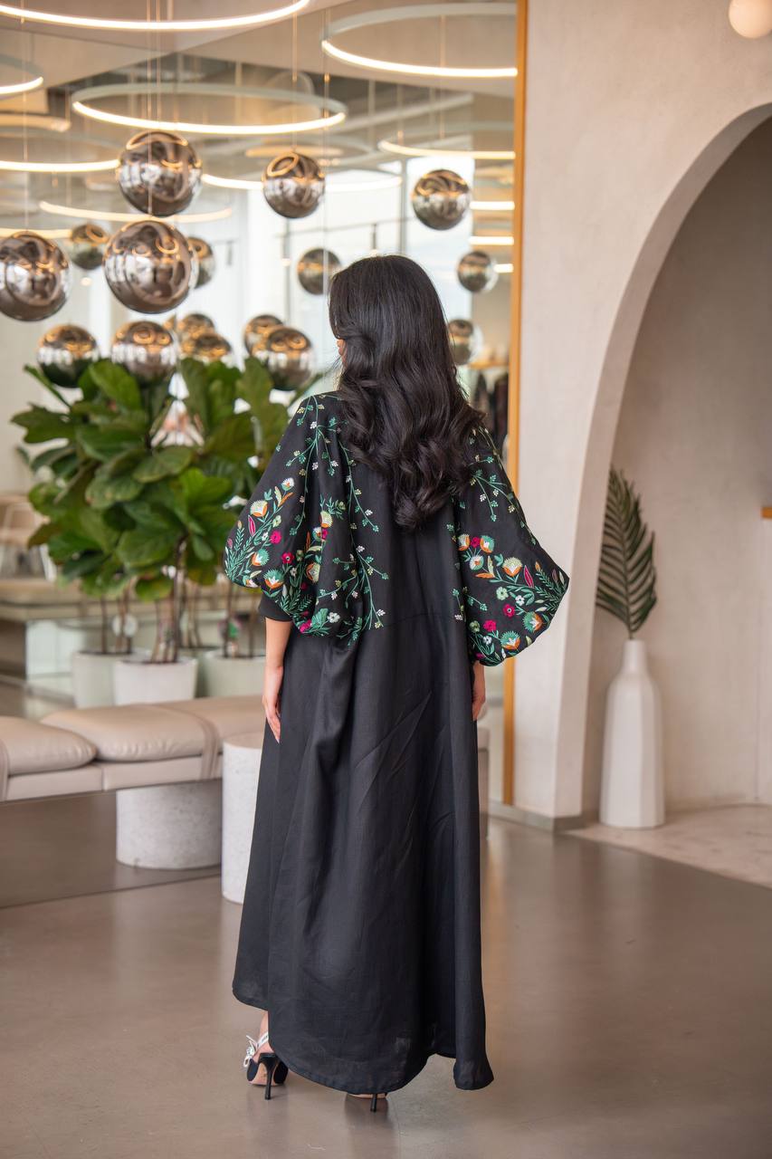 Free size black linen abaya with embroidery C:6631 GREEN (Free size)