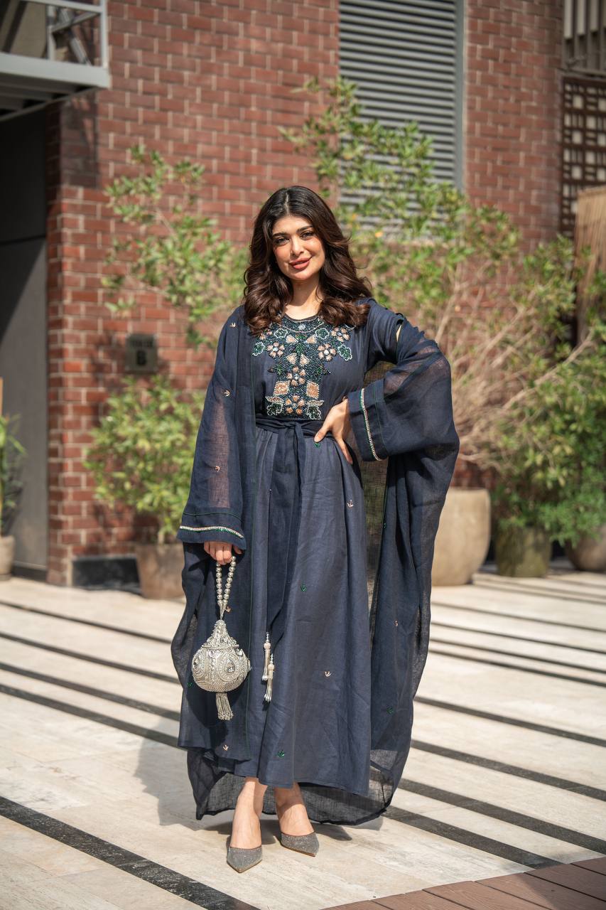 Bisht made of hessian material and linen dress, in navy blue with hand embroidery C:6619