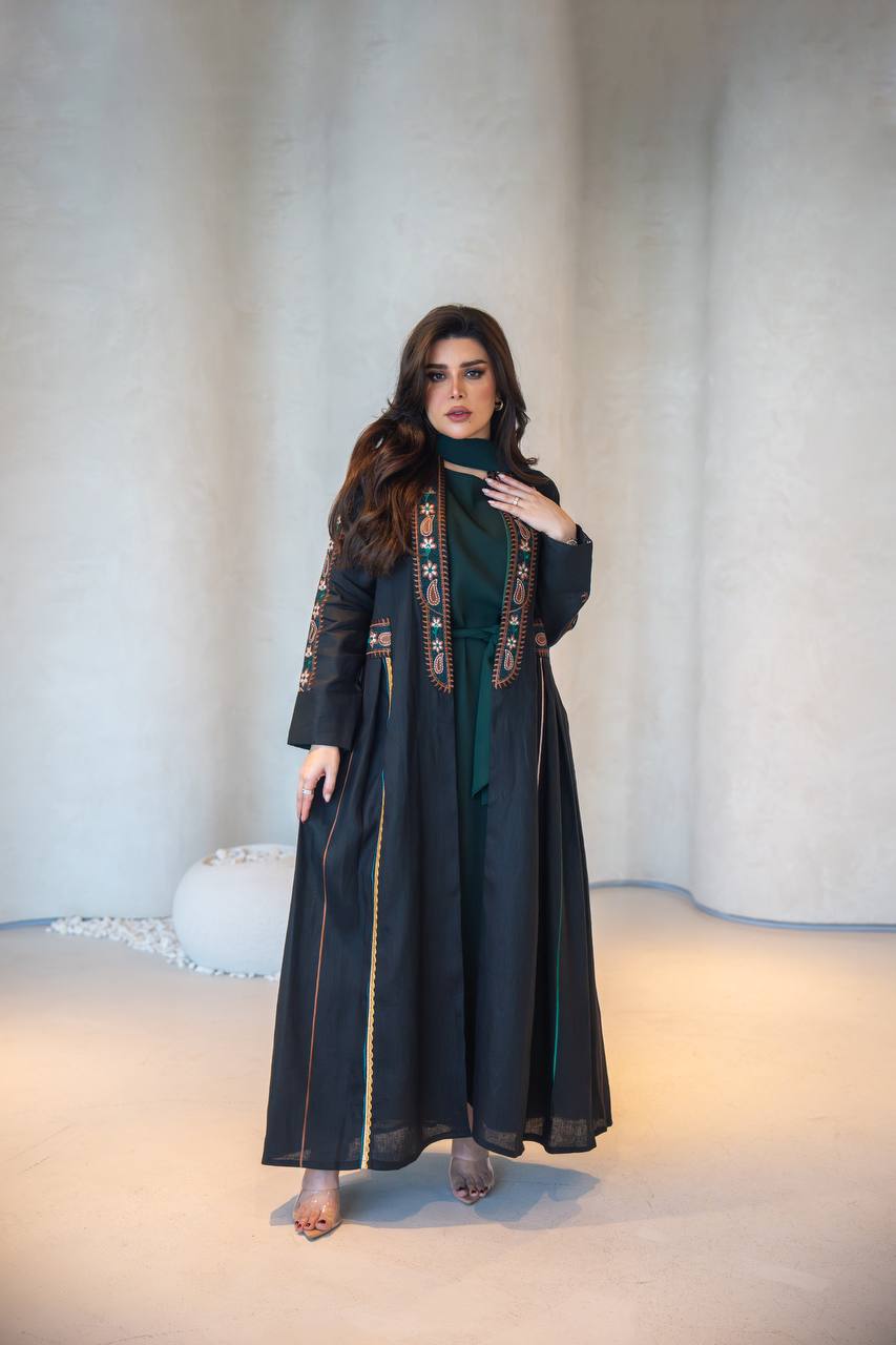 Black linen abaya with embroidery C:6620