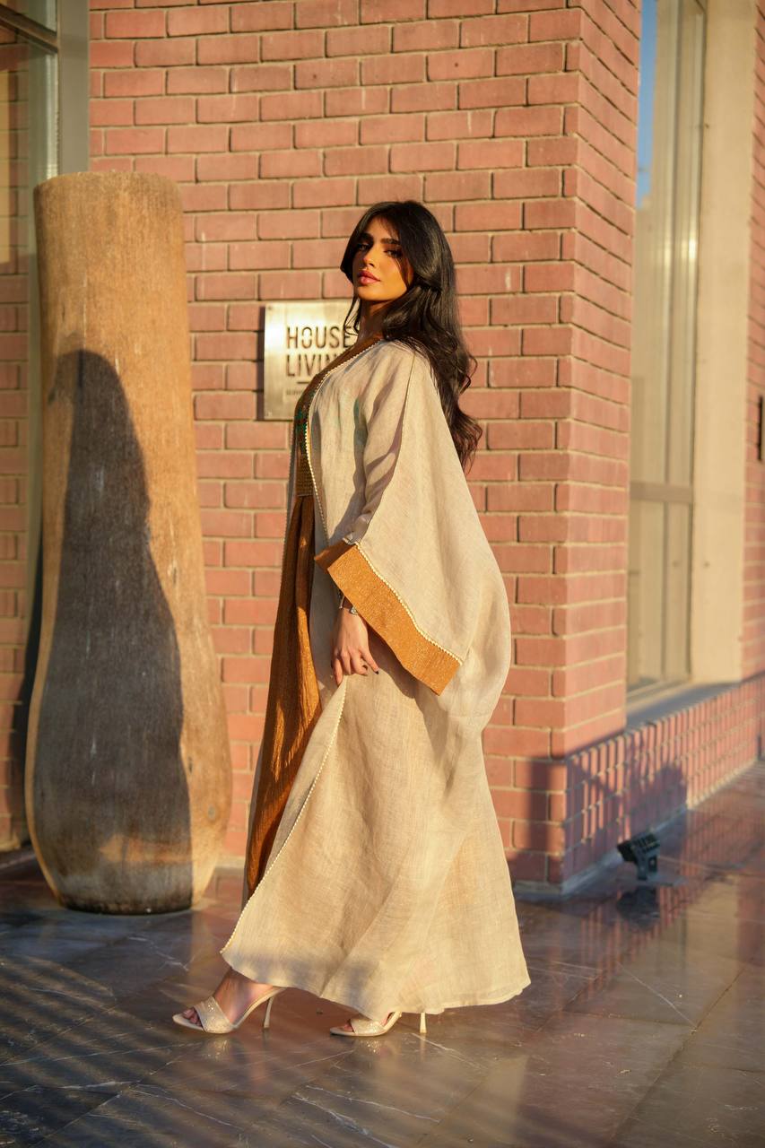 Light beige linen burlap bisht with camel linen dress C:6590
