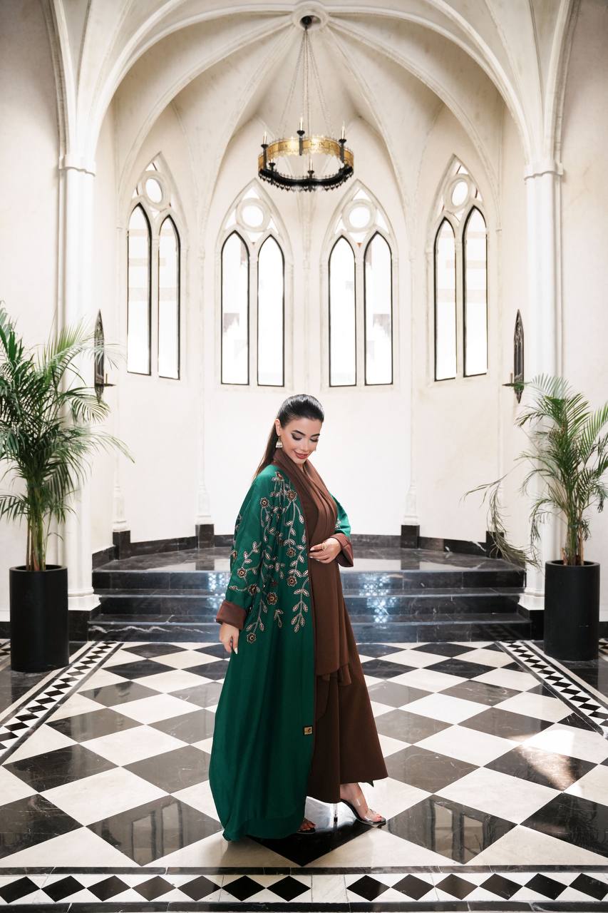 Green linen bisht abaya with embroidery C:6595 Green