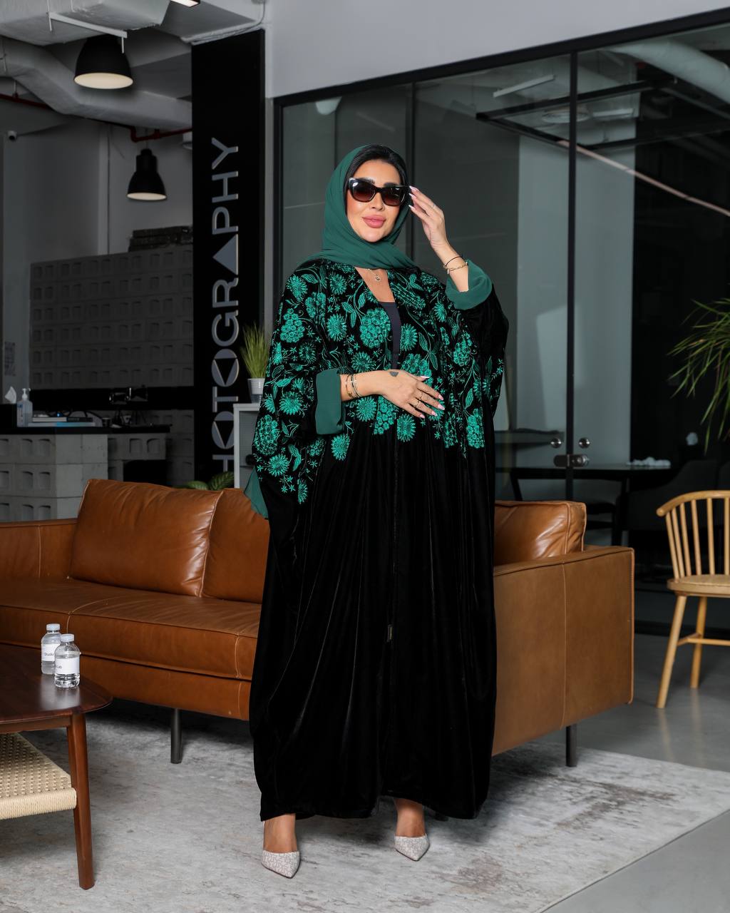 Bisht Abaya Black Embroidered Green 6340 Green (Free size)