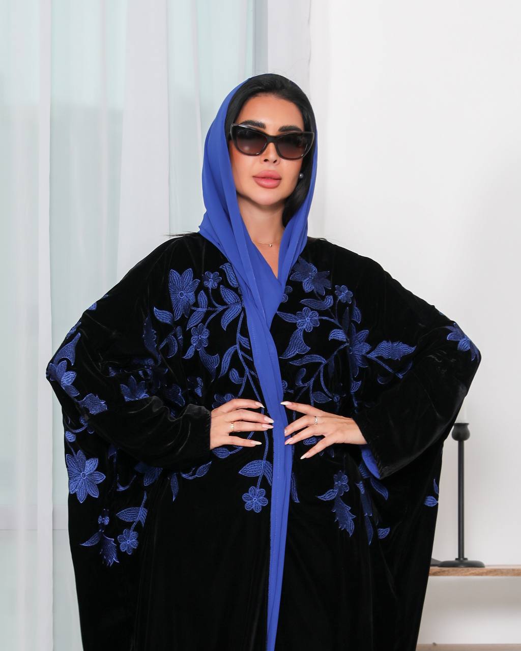 Abaya Black Velvet Blue Embroidered Besht 6340Blue (Free size)