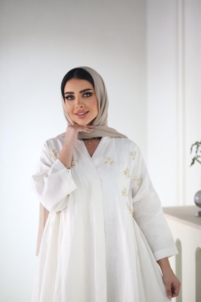 ABAYA LINEN WITH HANDMADE BEAT C;3026WHITE