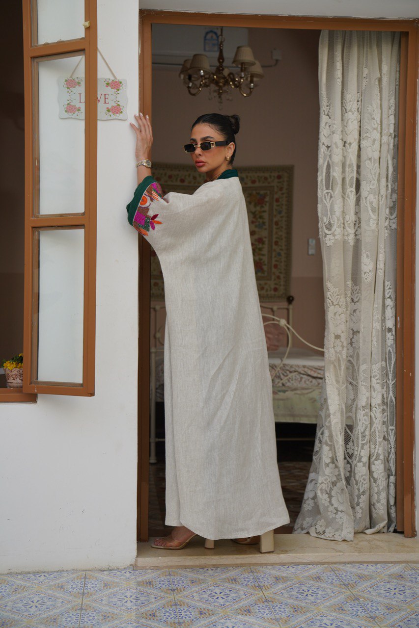 Beige Linen Bisht Abaya with Hand Embroidery C:6408 (Free size)
