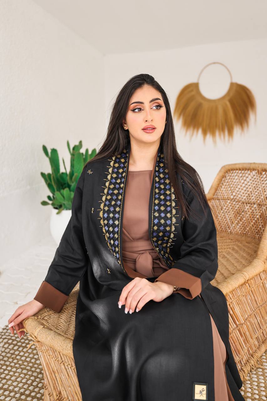 ABAYA BLACK LINEN WITH HANDMADE BEAT C:6426