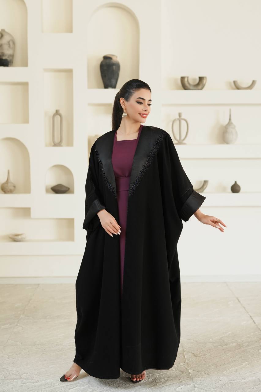 Crepe abaya with satin, black with embroidery C:6599 Black