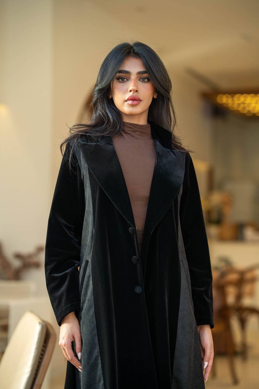 Abaya with raw velvet black crepe and ribbed velvet C:6582 Black
