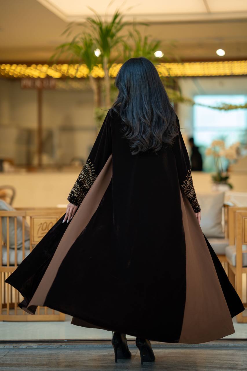 Brown velvet abaya with brown crepe 6579