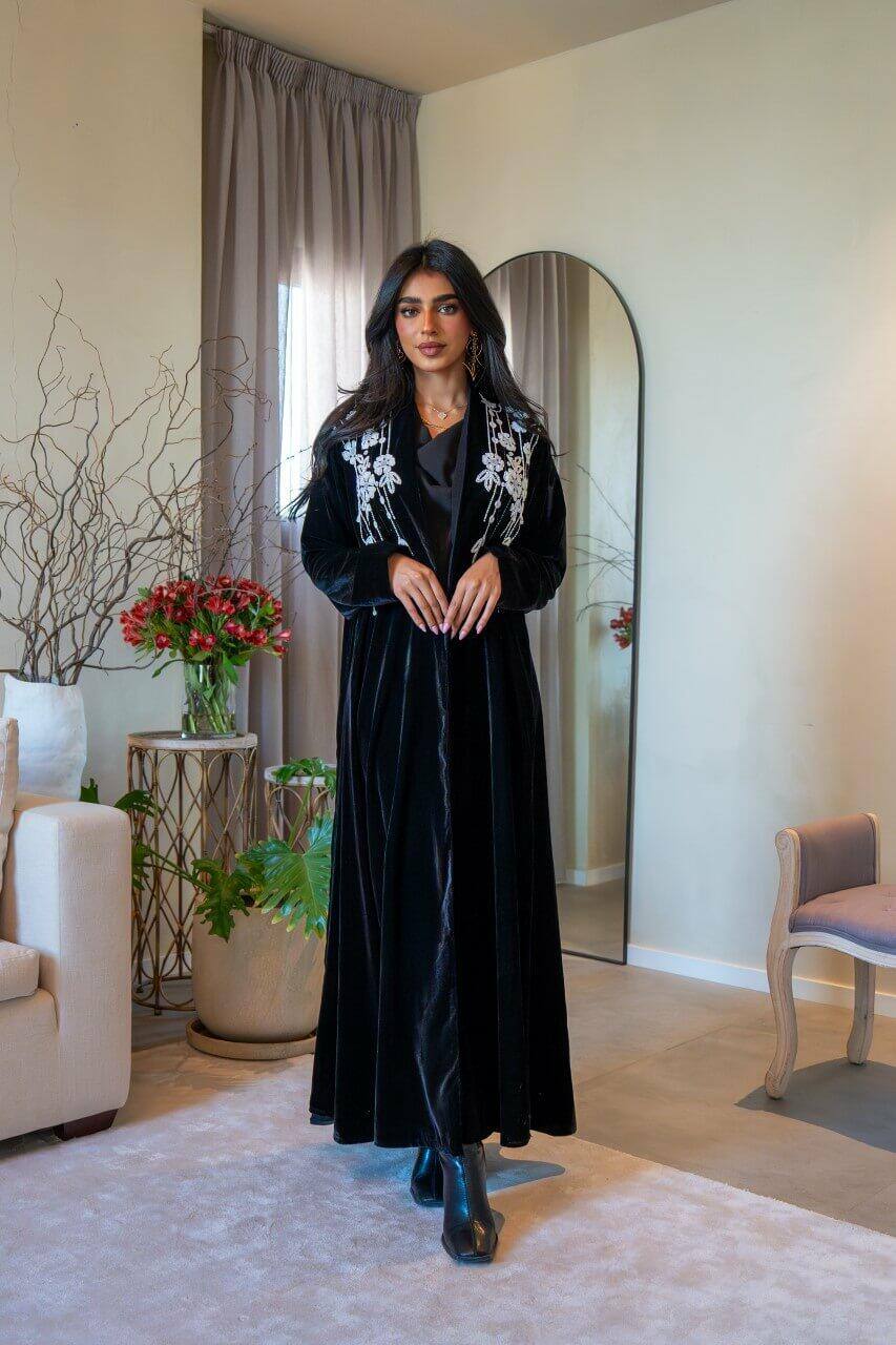 Black velvet abaya with white embroidery C:6570