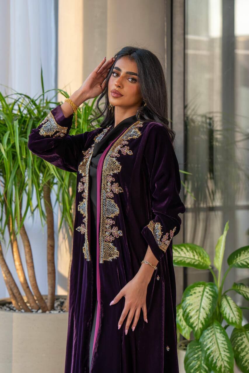 Velvet abaya in purple color with embroidery C:6578 Purple