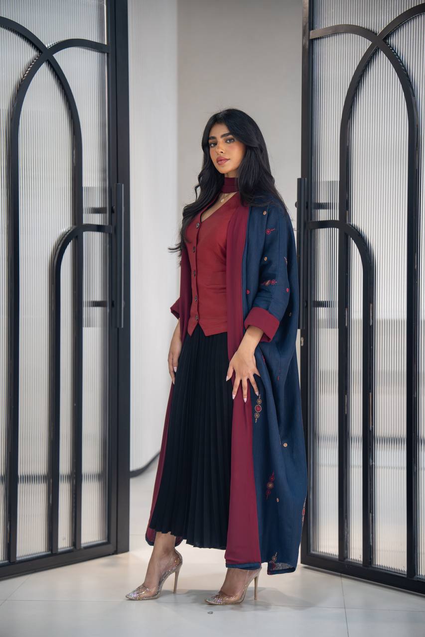 Navy linen abaya with embroidery C:6622