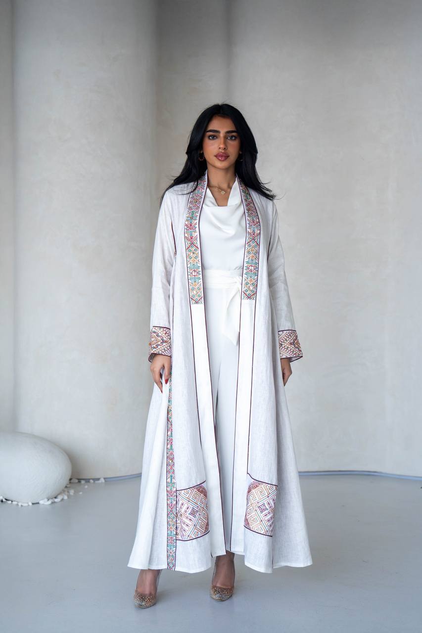 White Lenin Abaya with embroidery C:6589 White
