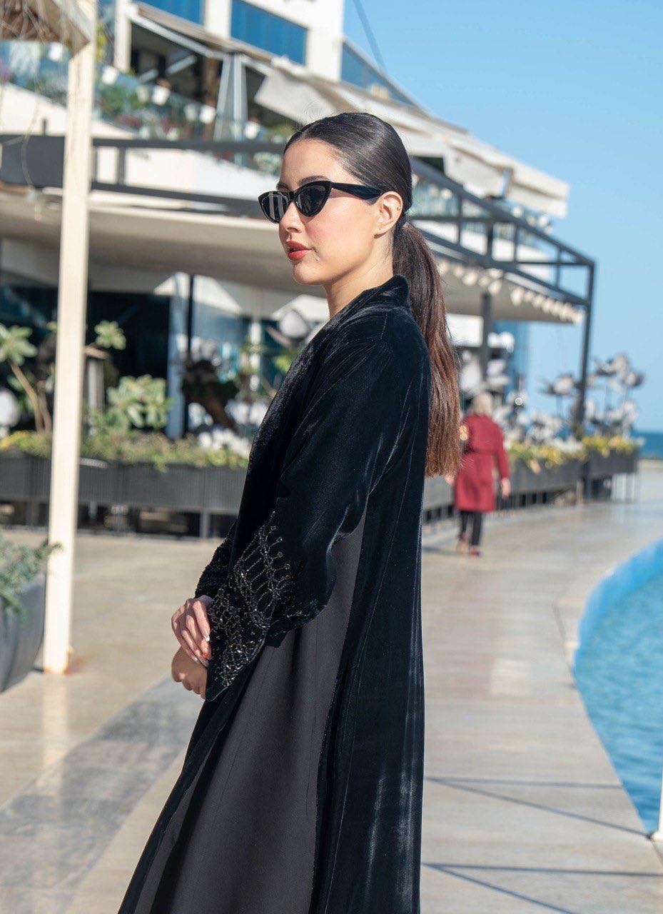 Black velvet and crepe abaya with hand embroidery C:6579 Black