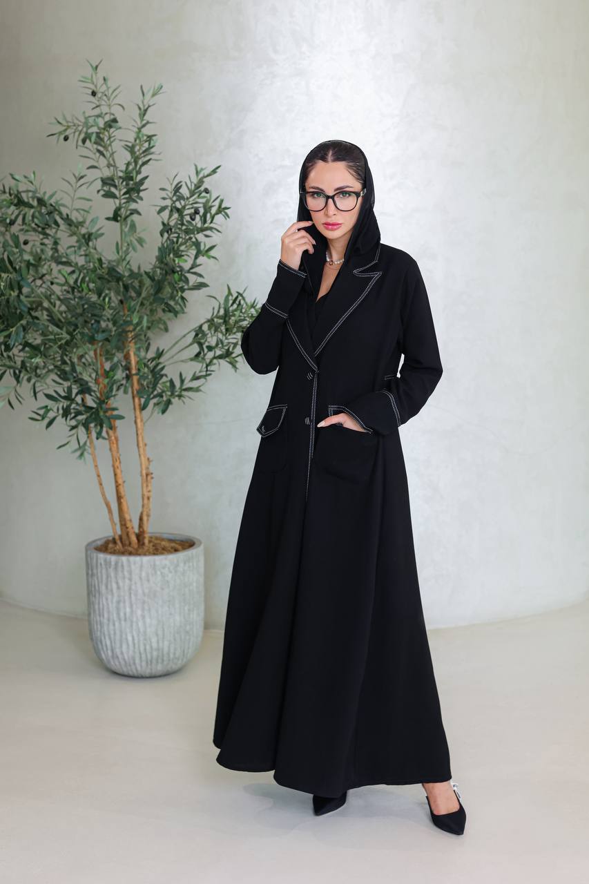 Crepe blazer abaya in black with embroidery.C:6667