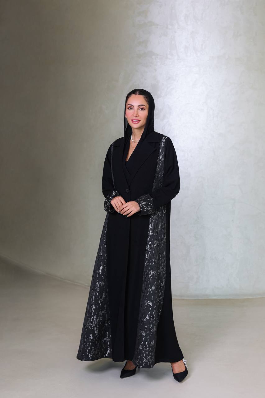 ‏Black crepe abaya with jacquard C:6677