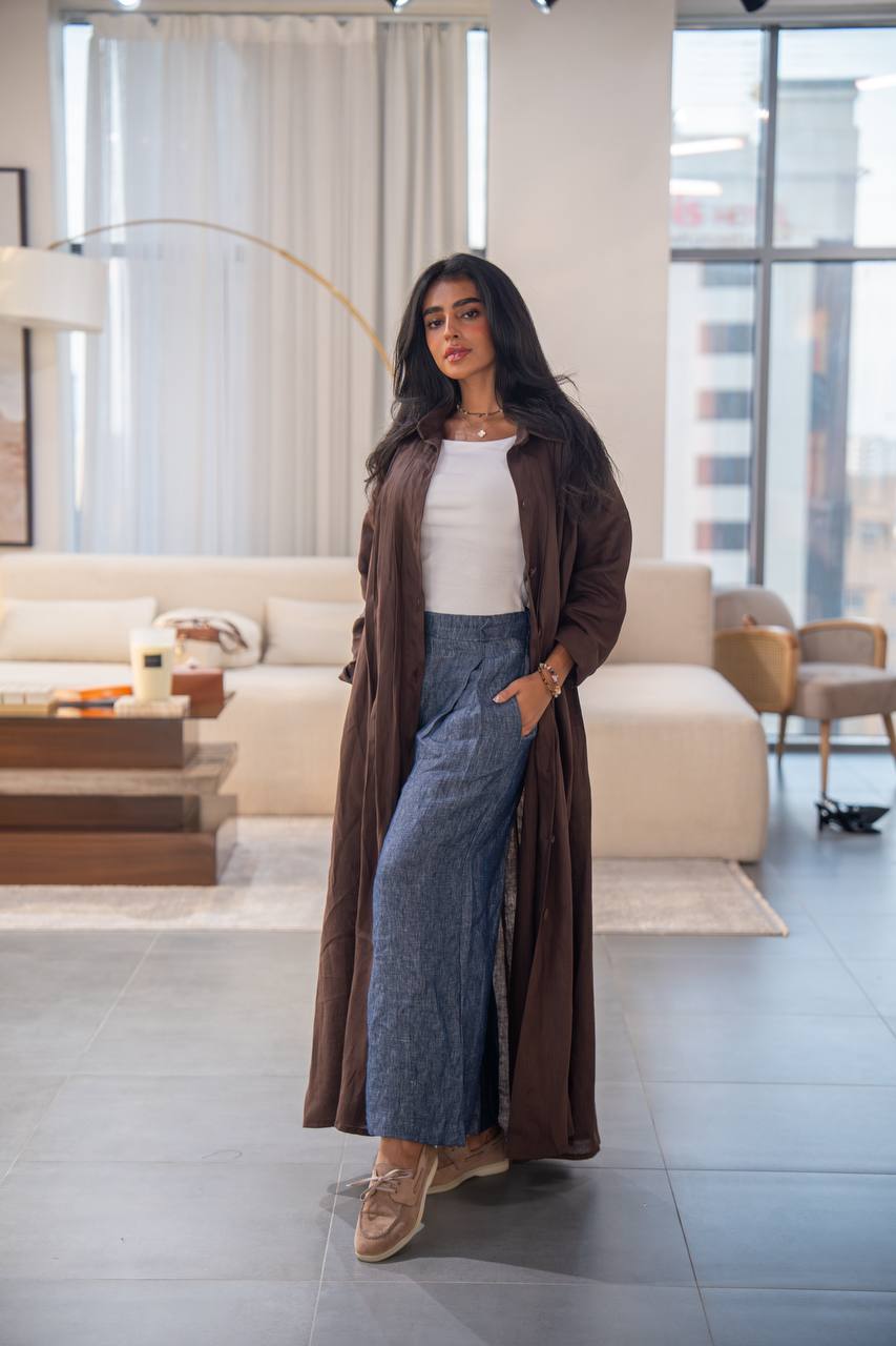 عباية كتان بنية اللون، مقاس حر، C:6663 بني