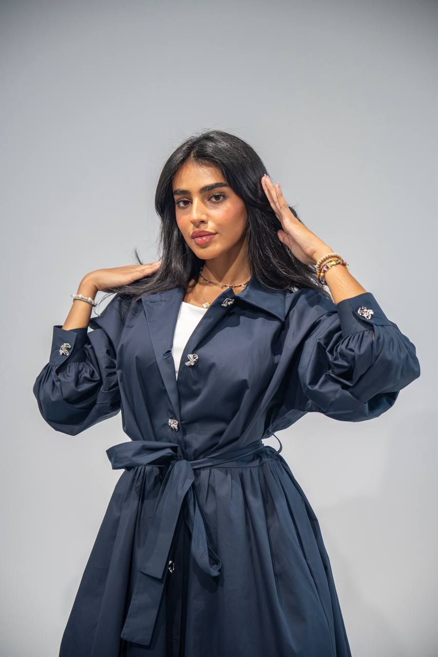 Elegant free size trench coat, in navy blue . C:6685 Navy