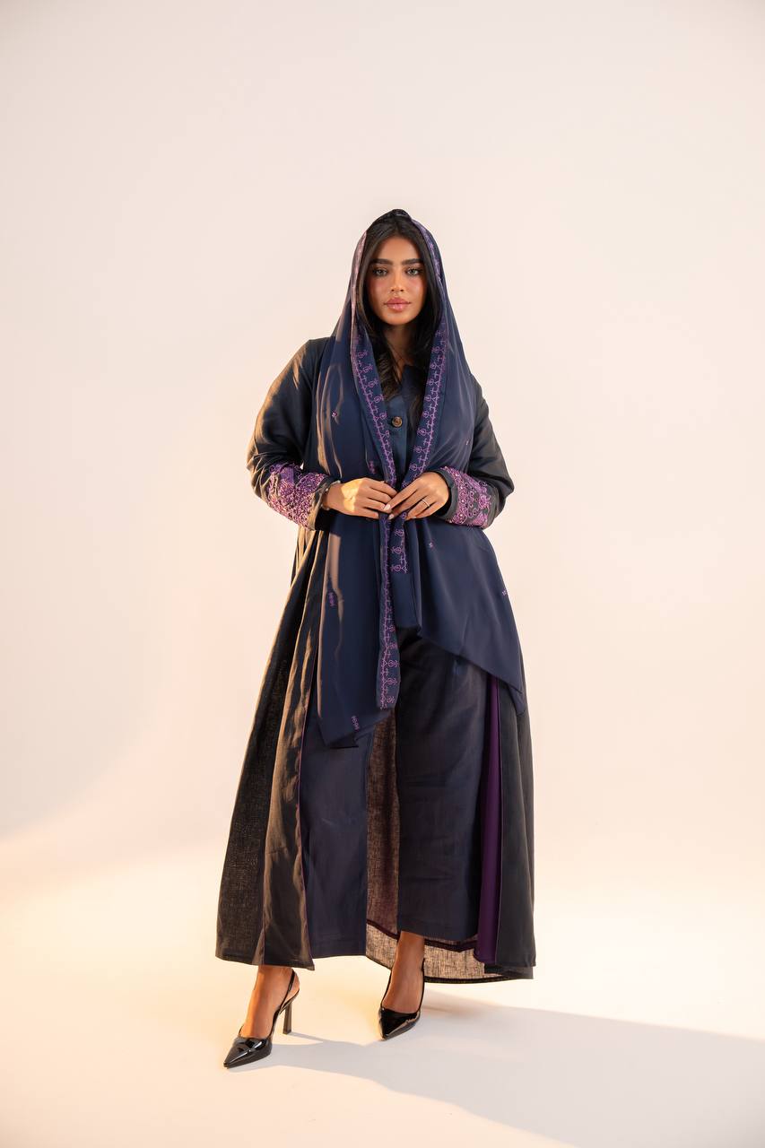 Navy blue linen abaya with purple embroidery. C:6691