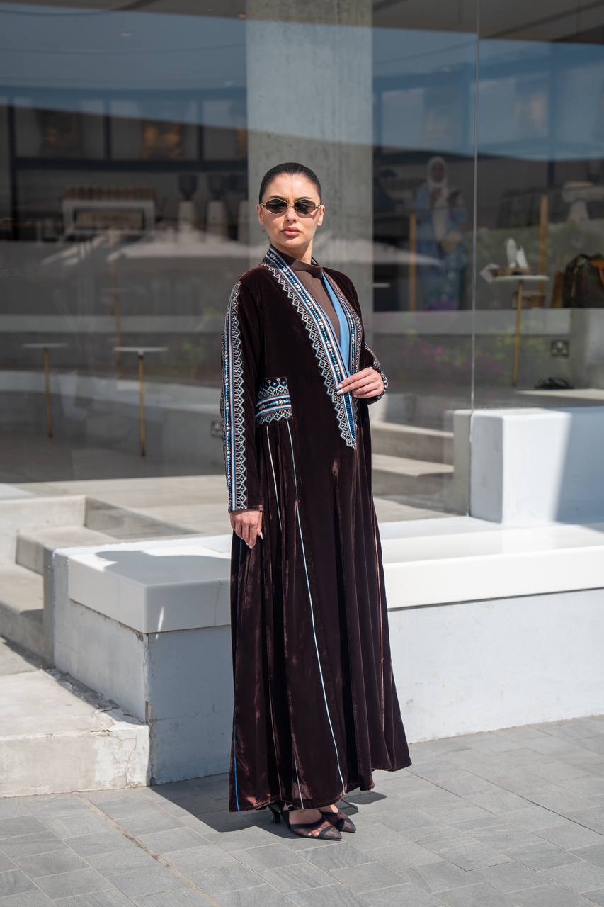 Brown velvet abaya with embroidery.C:6702