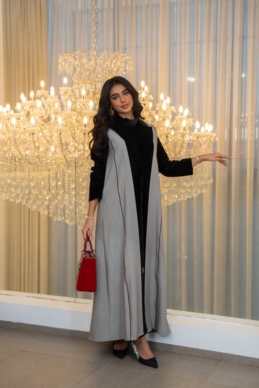 Grey crepe abaya with black velvet. C:6706