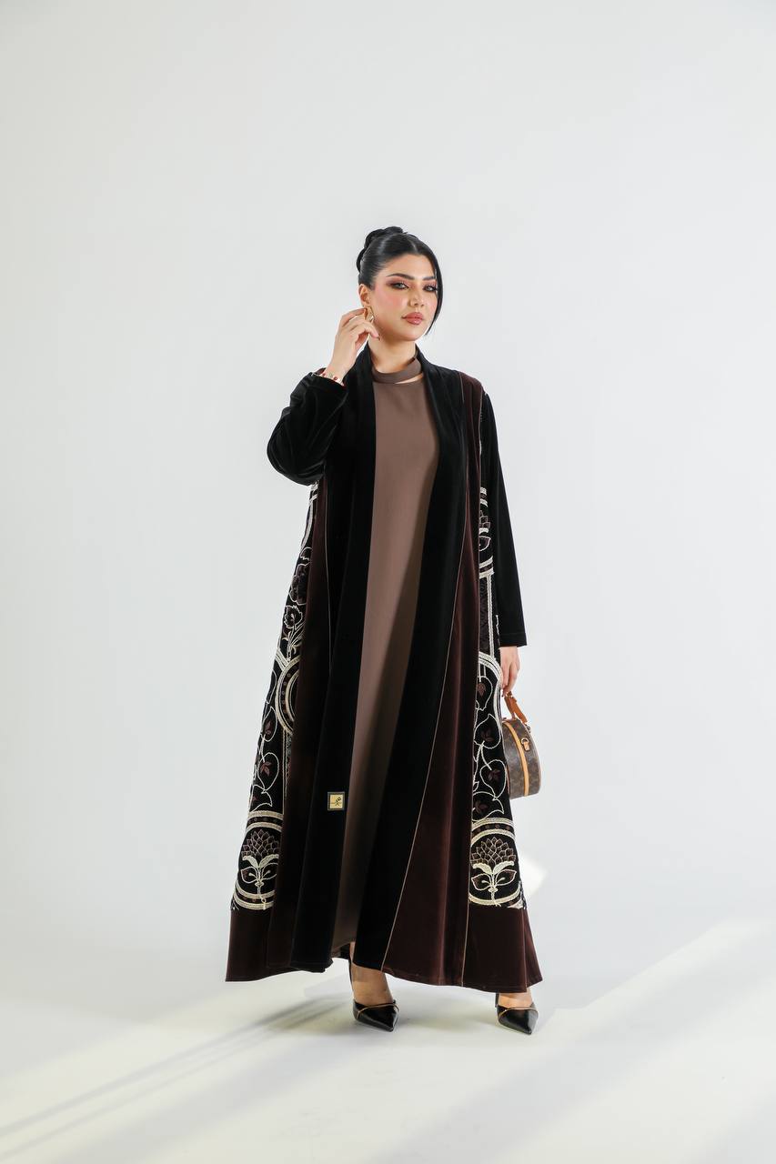 Black and brown velvet abaya with embroidery. C:6725