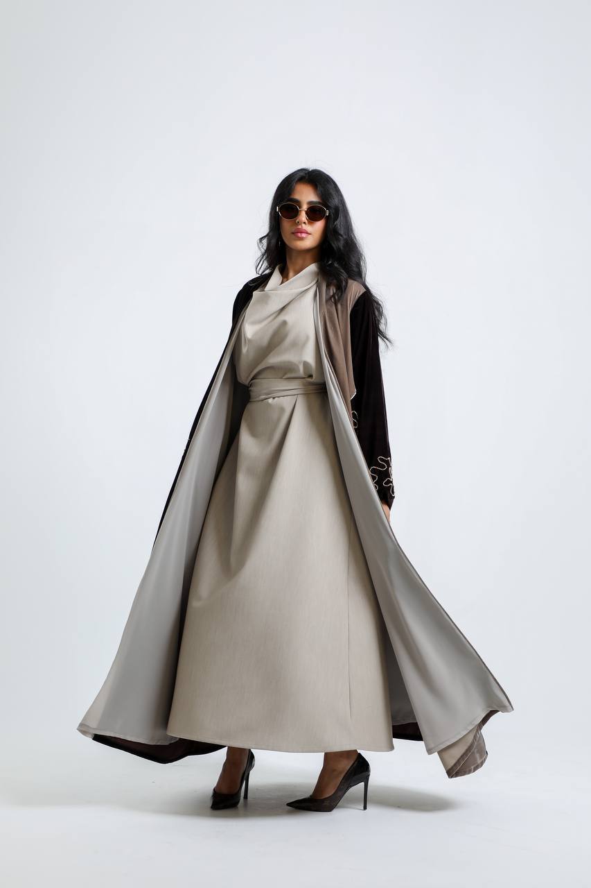 A velvet abaya in brown and beige with hand embroidery.C:6724