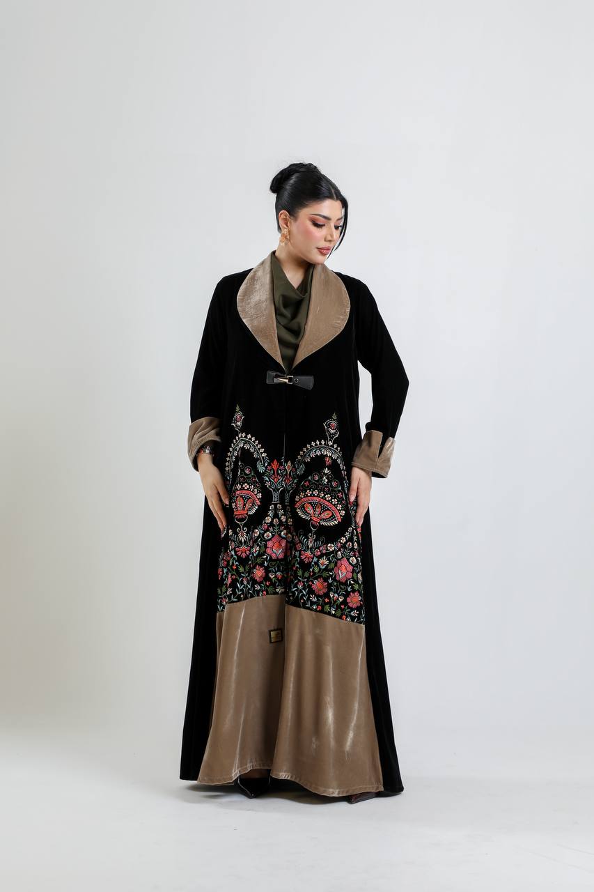 Black velvet blazer abaya with embroidery.C:6723