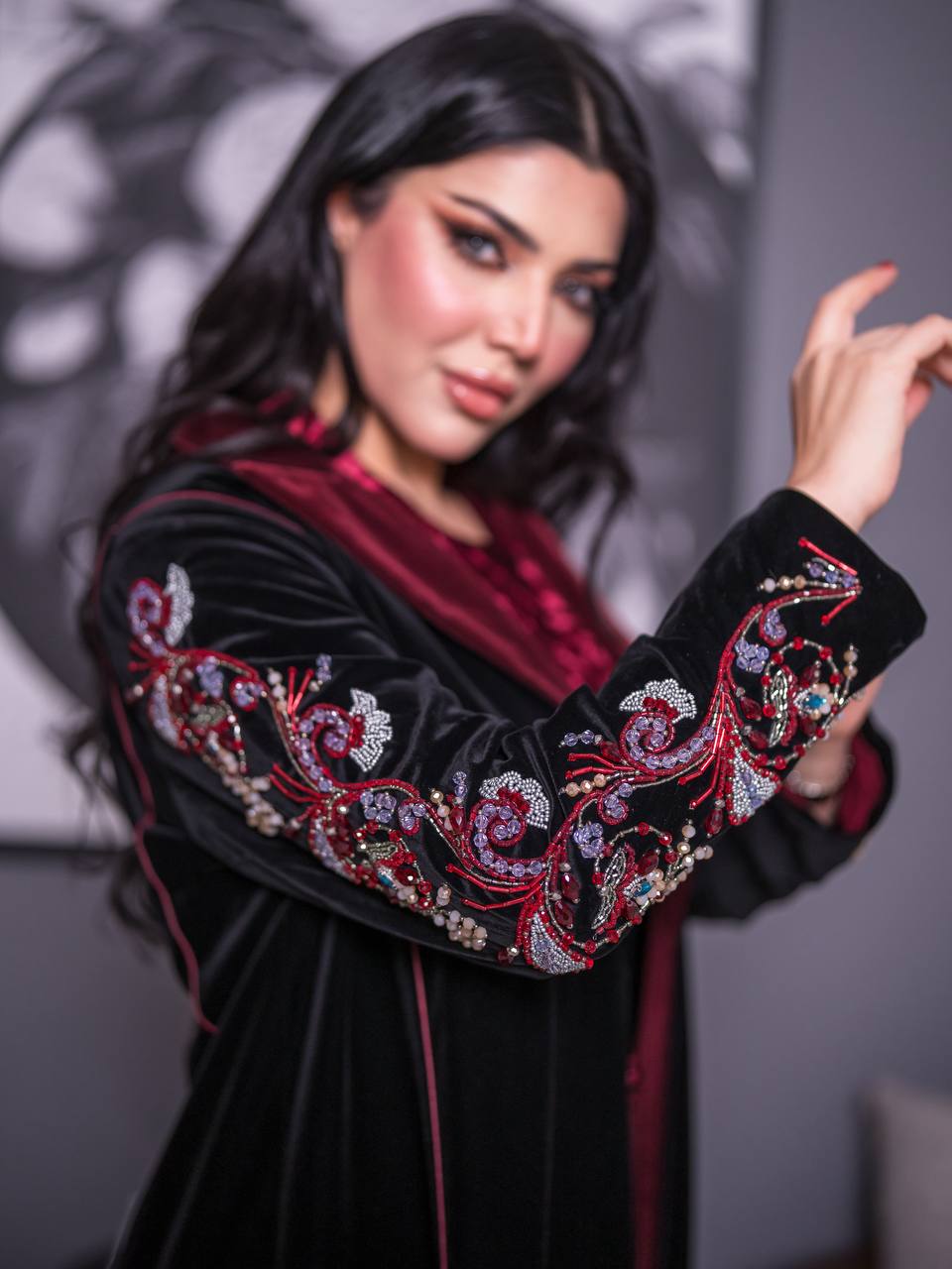 Black velvet blazer abaya with hand-stitched details. C:6735