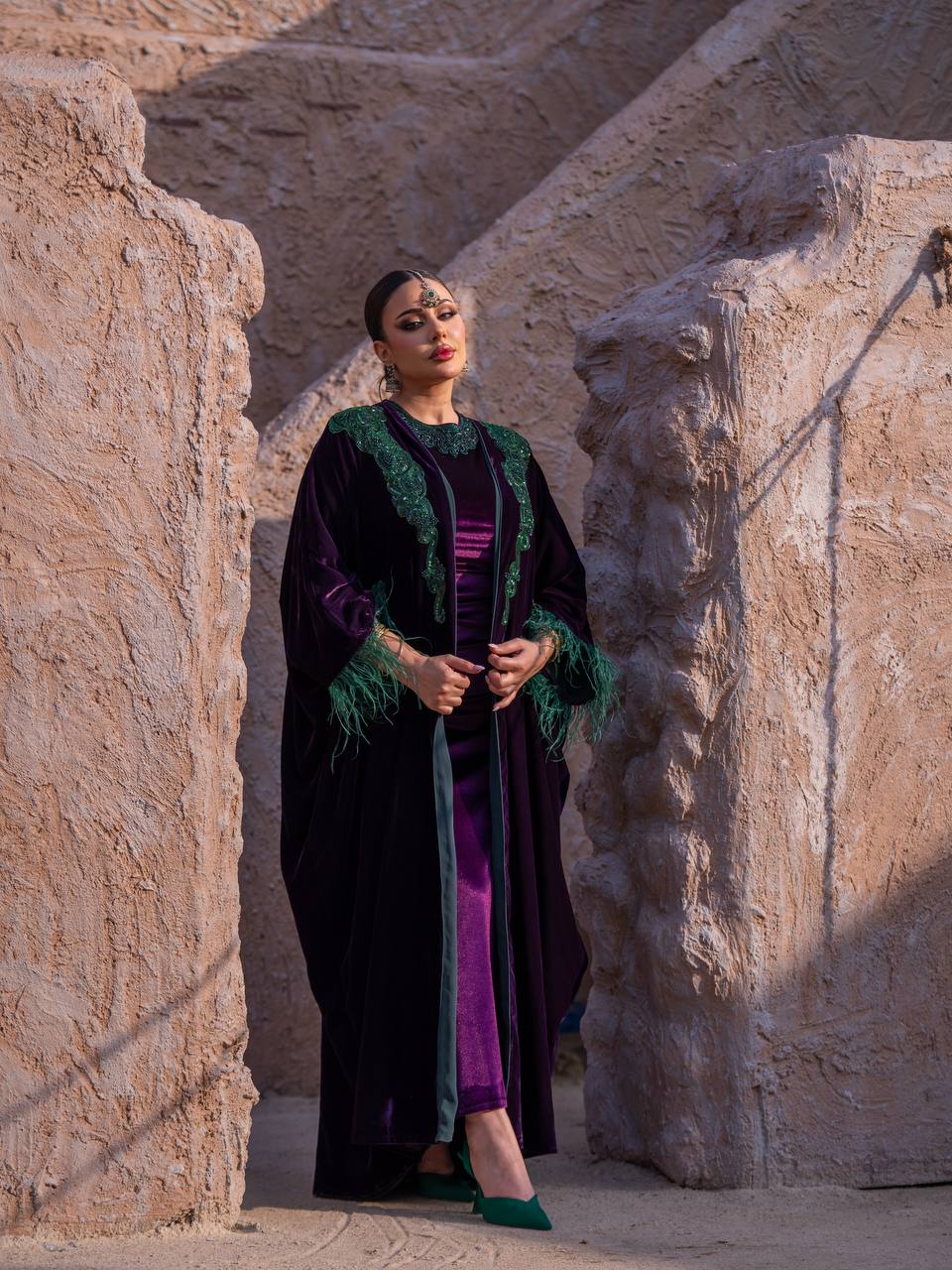 Velvet bisht and dress set in royal purple with hand embellishment.C:6715