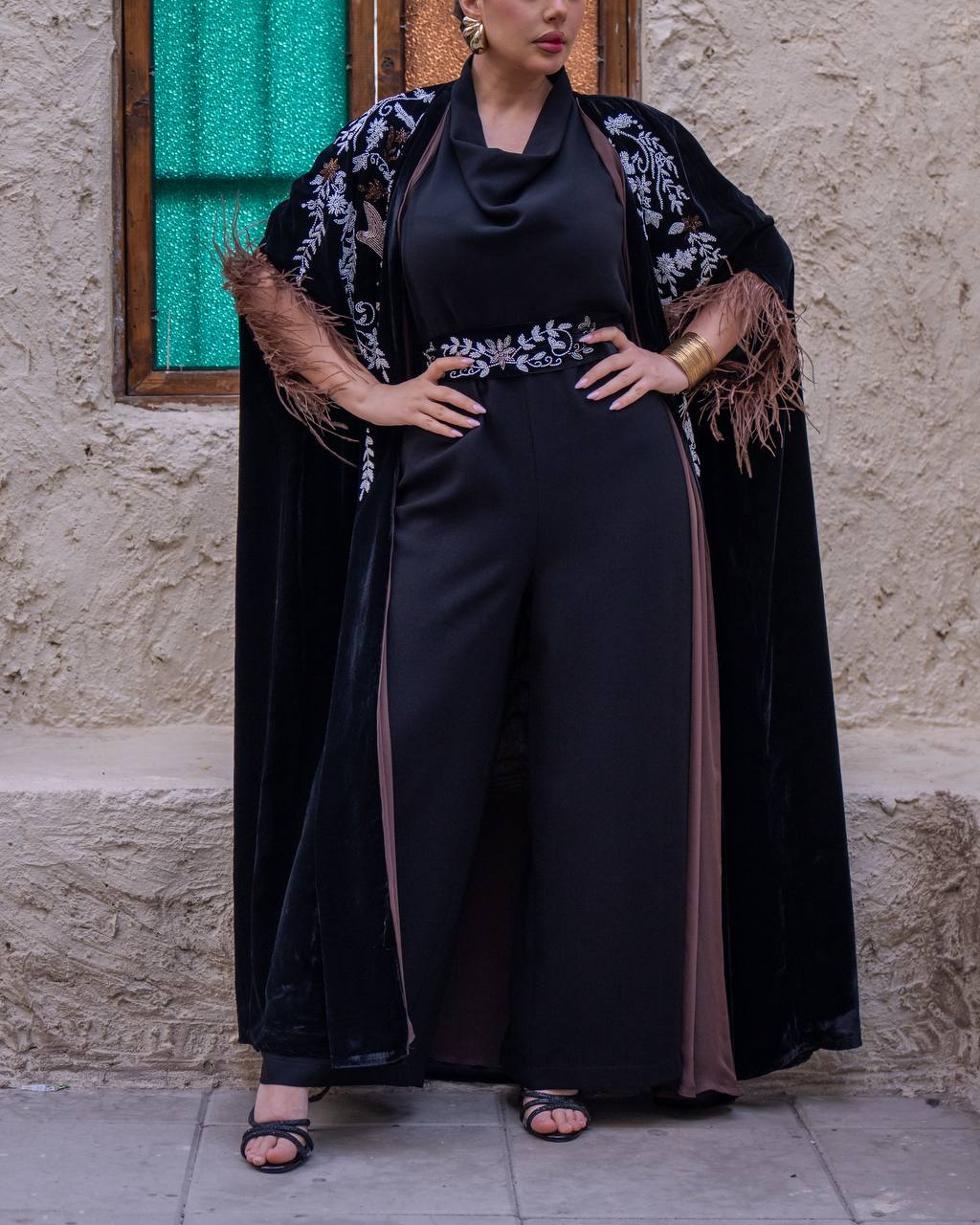 Velvet bisht and jumpsuit set in black with hand embellishment.C:6719