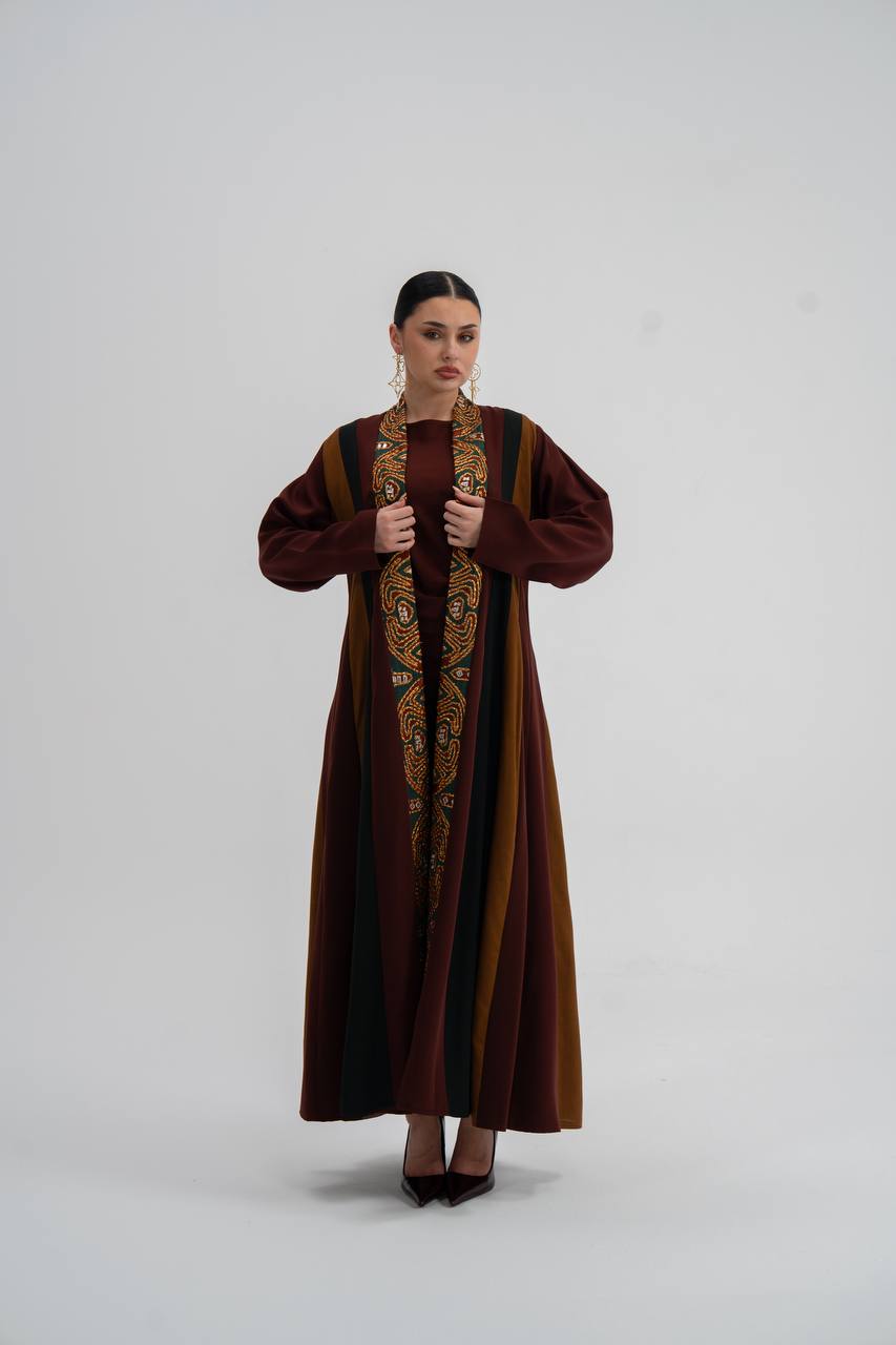 Crepe abaya with linen in brown and camel colors .C:6742