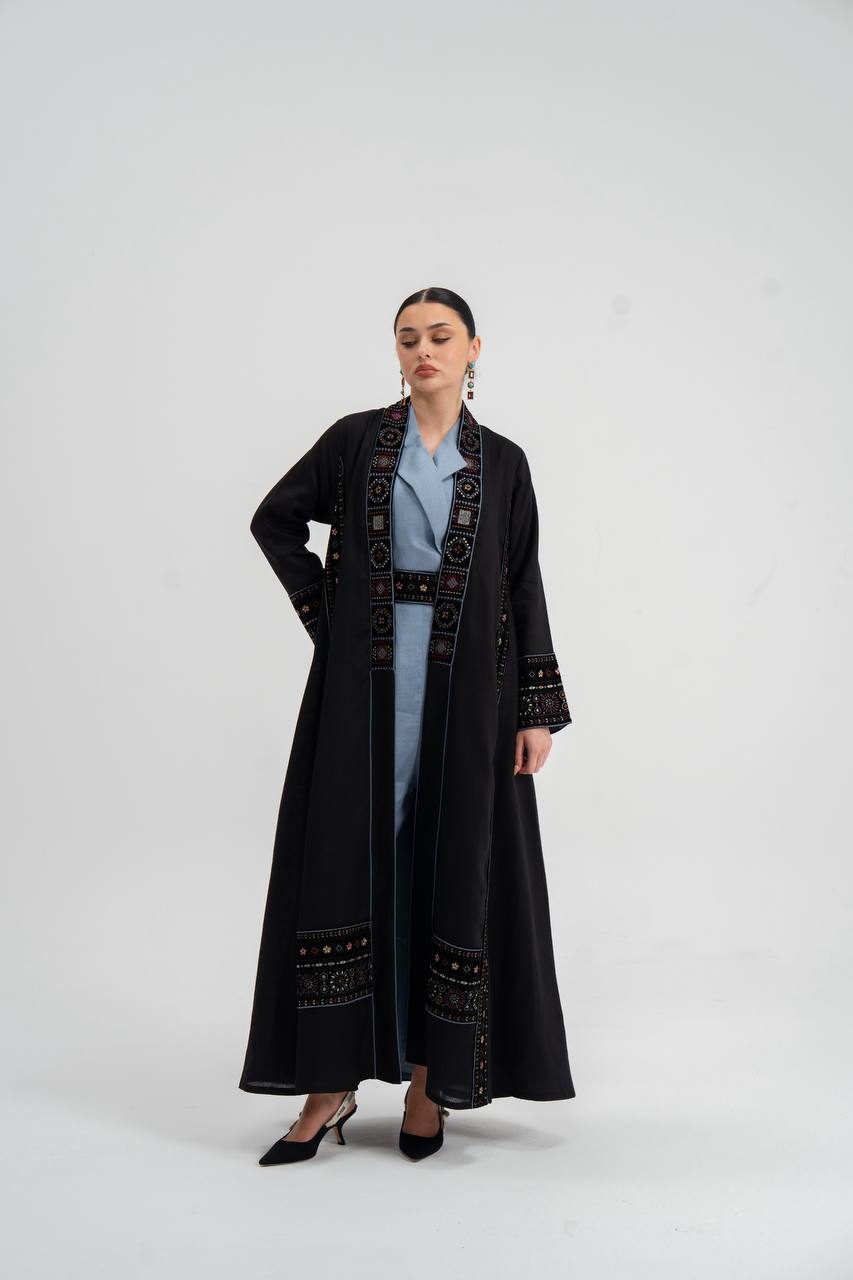 Linen abaya in black with embroidery.C:6746