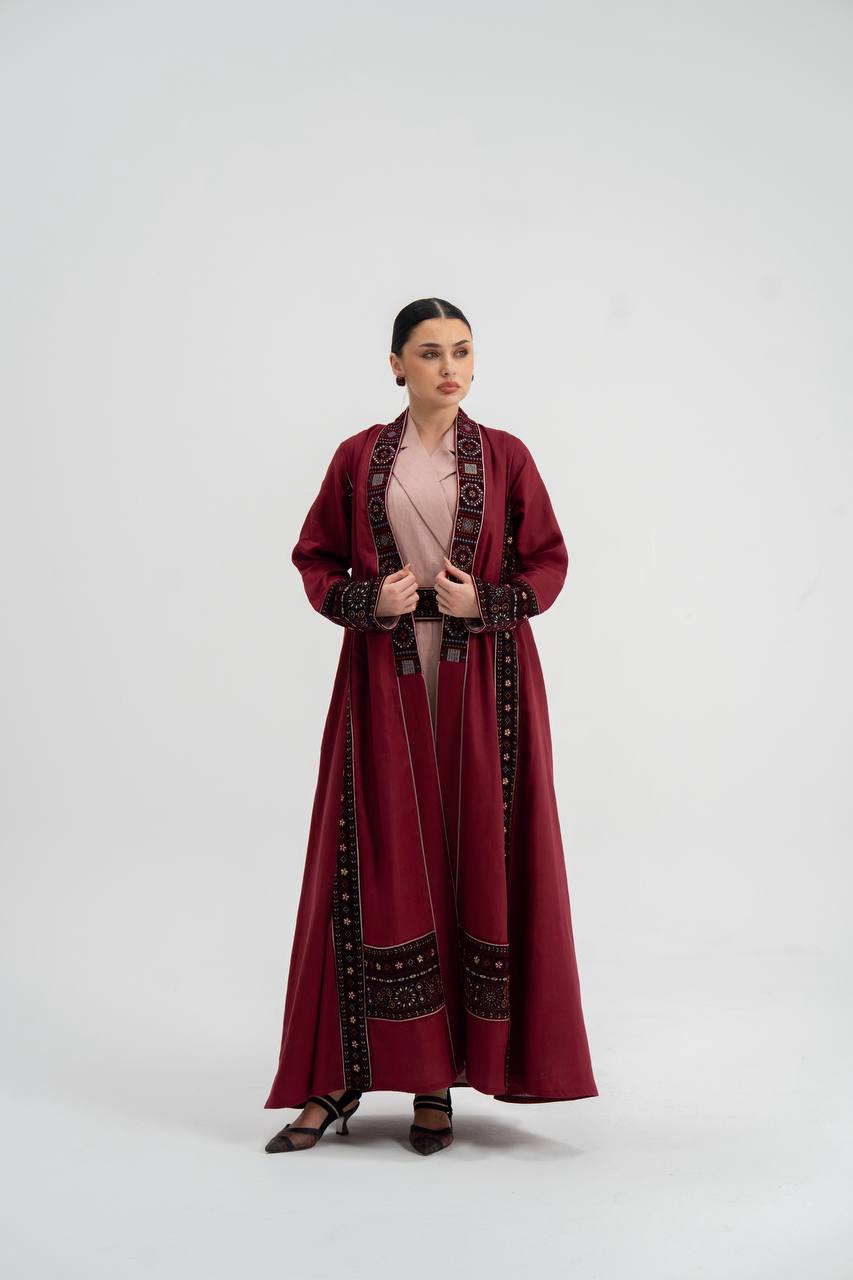 Red linen abaya with embroidery. C:6746