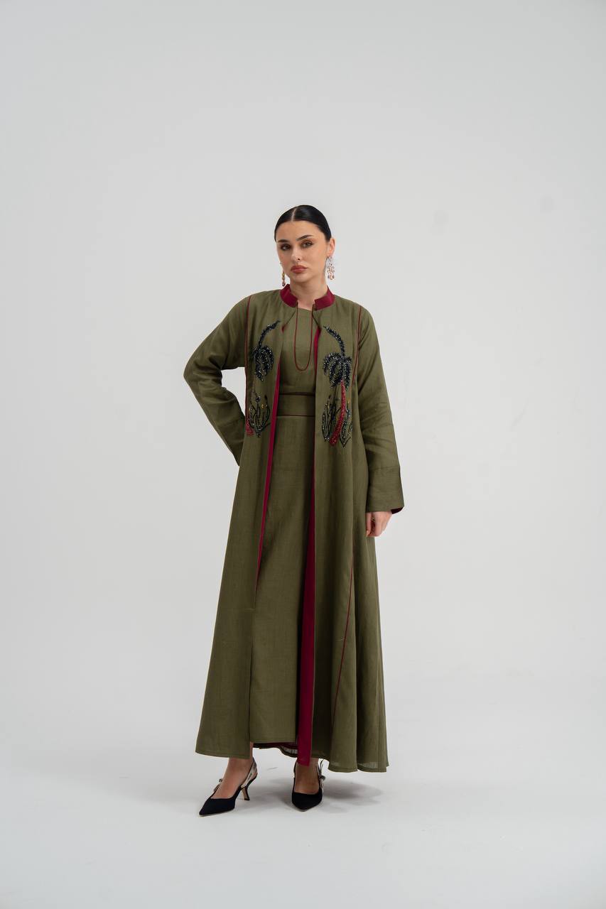 Linen abaya in olive green with hand embroidery (with inner set). C:6748