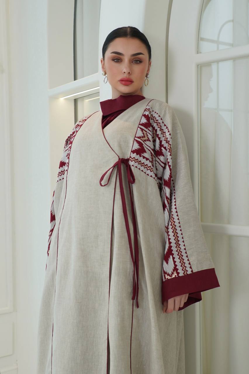 Beige linen abaya with embroidery. C:6757
