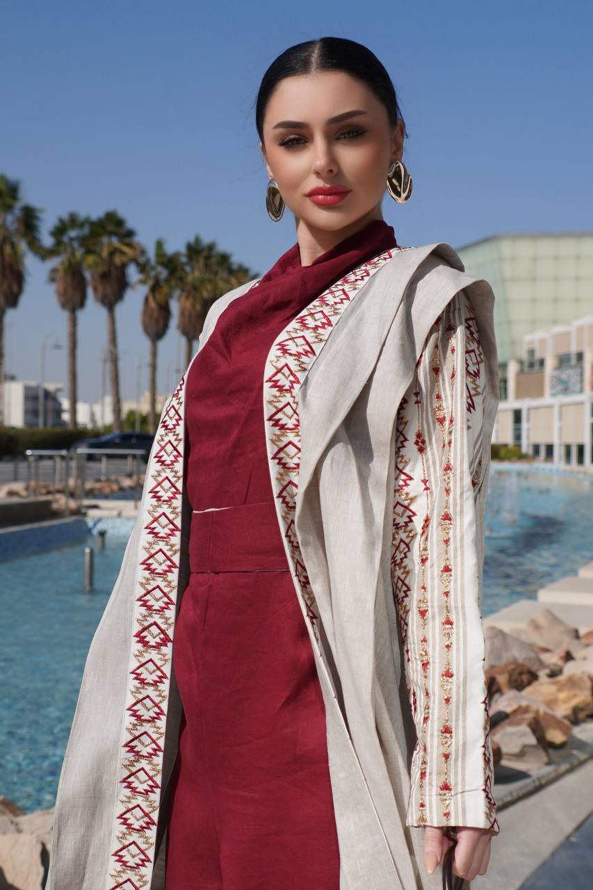 Beige linen abaya with embroidery. C:6758