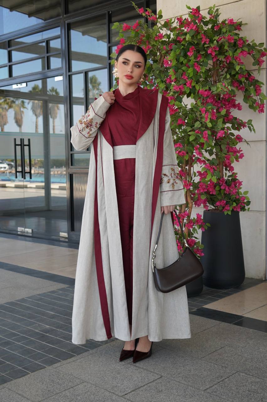 Beige linen blazer abaya with hand-stitched details .C:6755