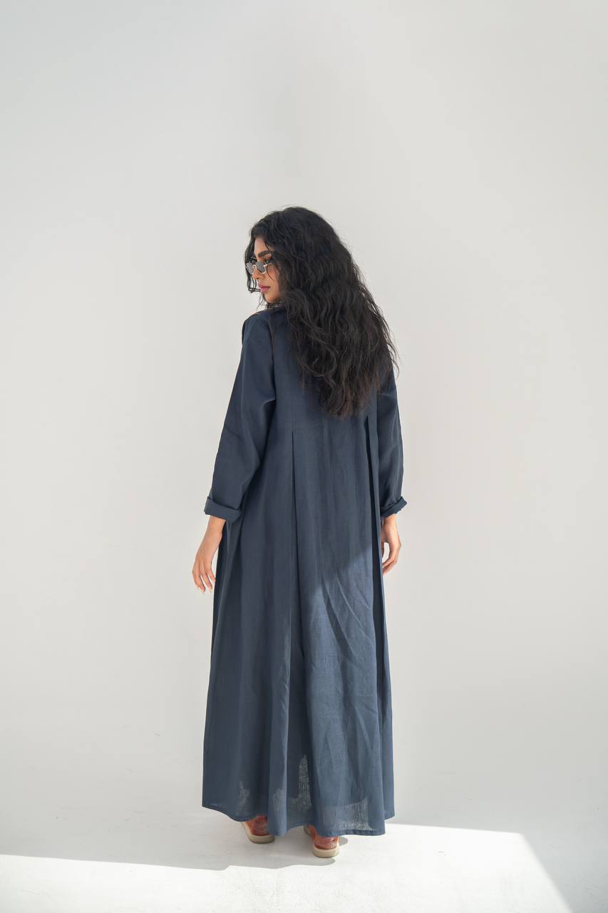 Navy blue linen abaya with inner set C:6637