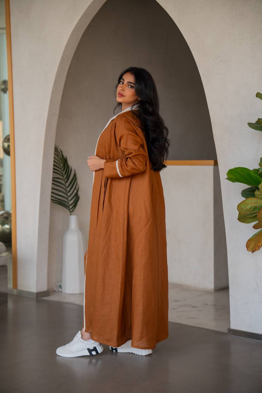 Abaya with inner set made of linen in camel and beige C:6636