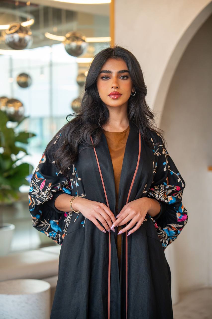 Free size black linen abaya with embroidery C:6631 Blue (Free size)