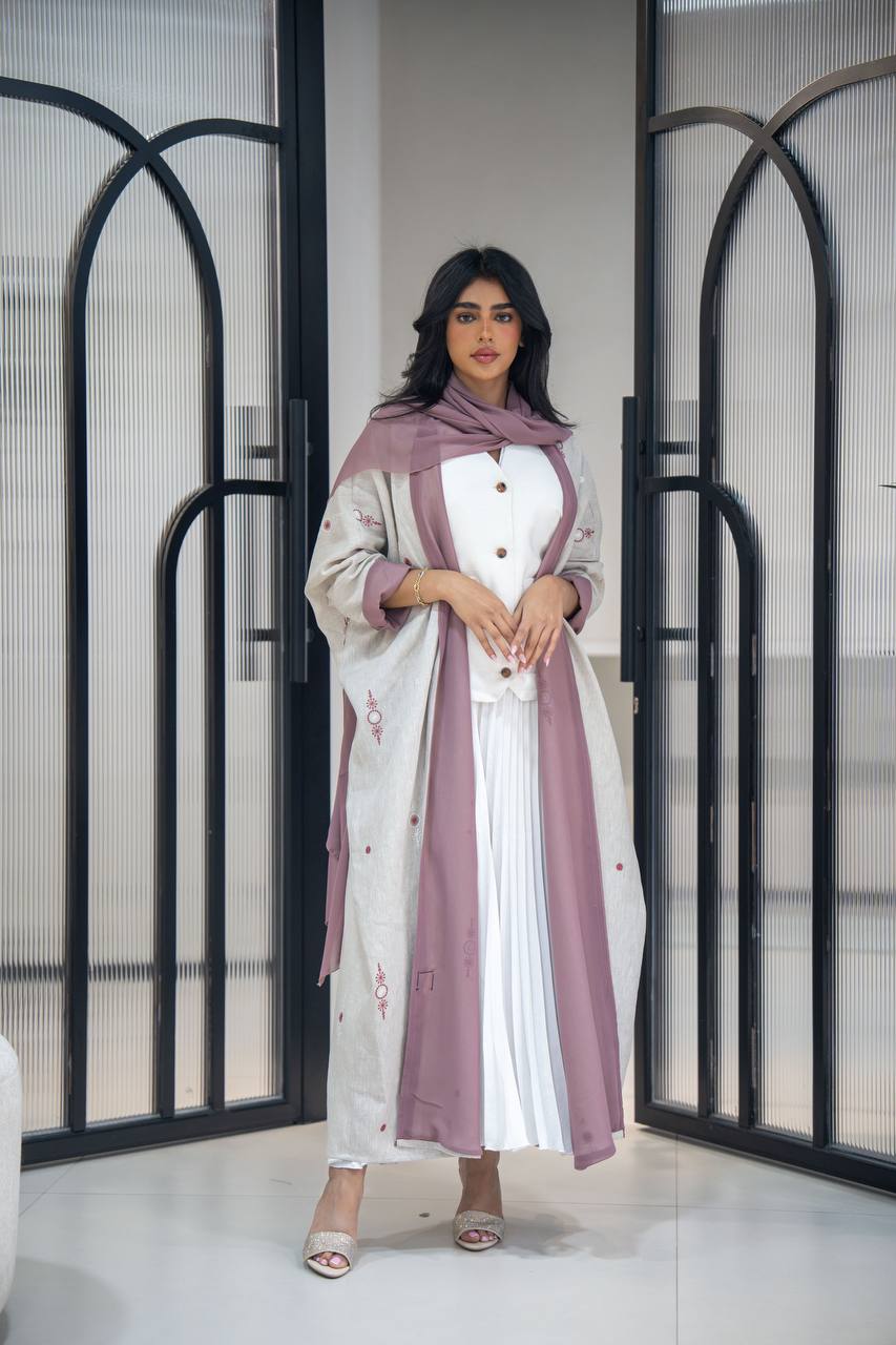 Light beige linen abaya with embroidery C:6622 Beige (Free size)