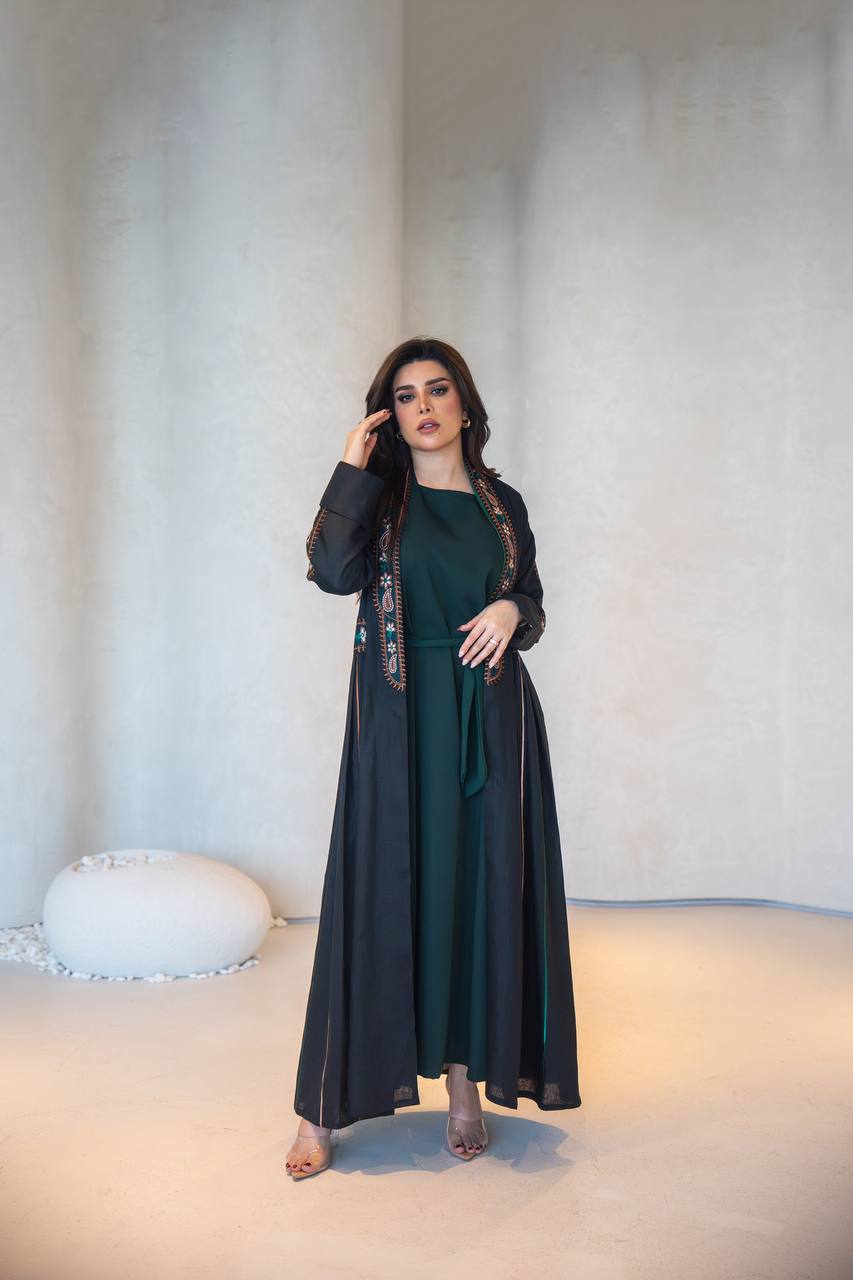 Black linen abaya with embroidery C:6620