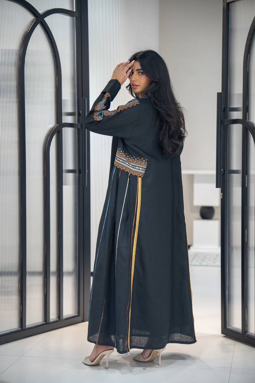 Black linen abaya with embroidery C:6605