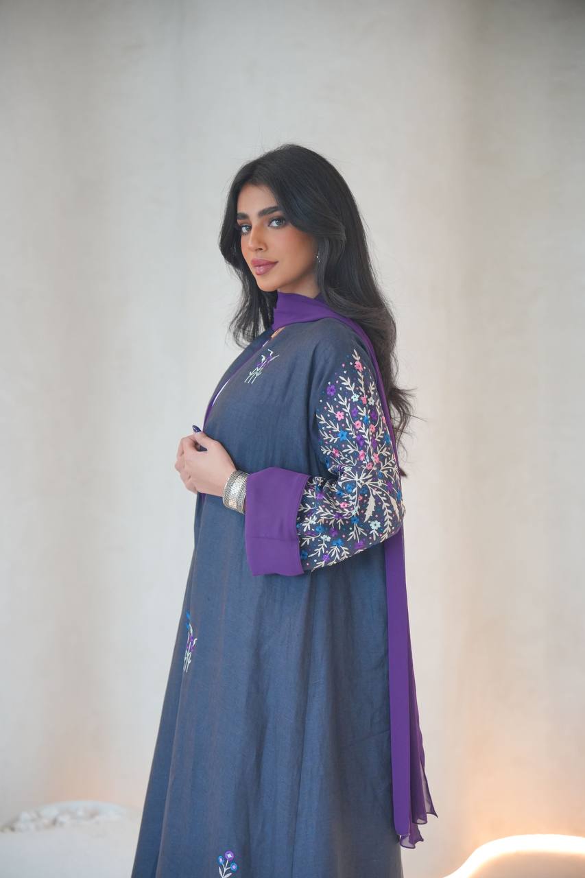 Navy linen abaya with embroidery C:6603