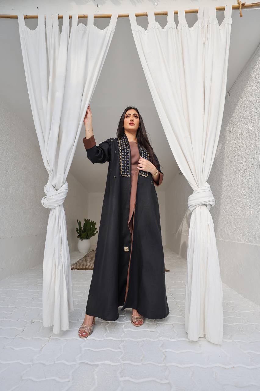 ABAYA BLACK LINEN WITH HANDMADE BEAT C:6426