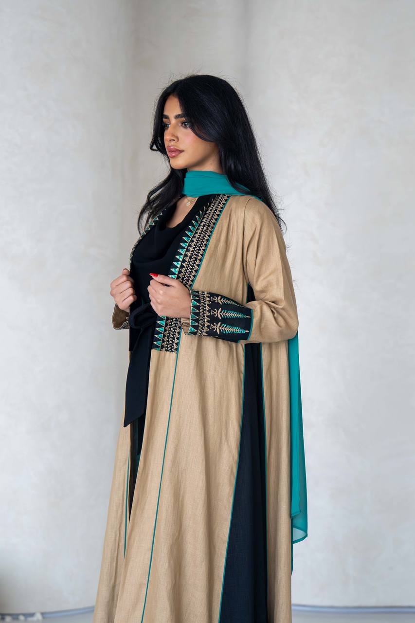 Linen beige abaya with embroidery C:6588 Beige