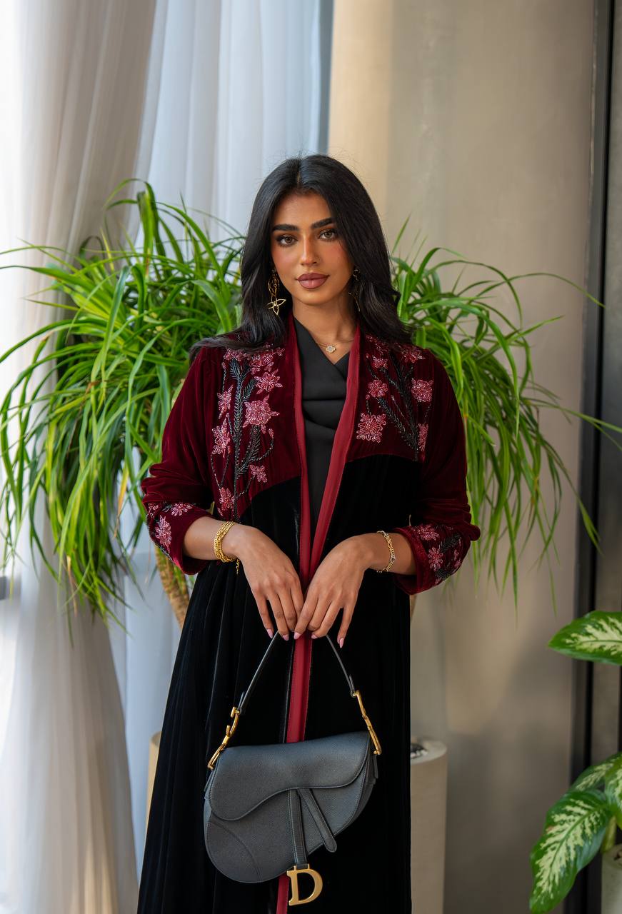Black and burgundy velvet abaya with embroidery C:6569